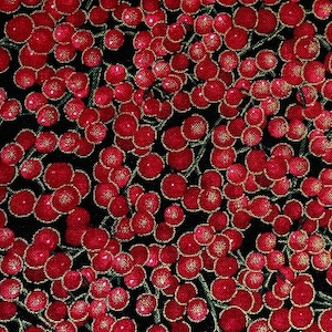 May include: A fabric pattern featuring a dense arrangement of bright red berries with gold accents against a black background. The berries are clustered on green stems, creating a festive and textured design, suitable for holiday-themed crafts or decor.