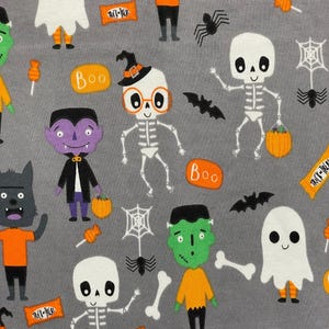 Halloween 100% Cotton Knit Fabric Grey with Cartoon Characters 60'' Wide