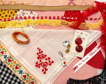 Slow Stitch Kit-Valentine - Hearts and Cherries -Slow Stich or Junk Journal