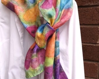 Hand painted note size 8x54 silk scarf floral  poppy orange ,pink ,aqua ,purple green shades textured Canadian design