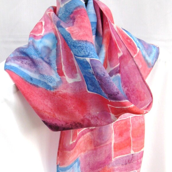 Hand painted silk scarf red  blue purple drawn white square pattern