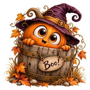 Peut inclure: Une citrouille de dessin animé avec de grands yeux et une bouche souriante porte un chapeau de sorcière violet tout en étant assise dans un tonneau en bois. Une petite pancarte en bois affiche le texte Boo! entourée de feuilles d'automne.
