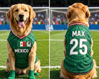 Maglia da calcio personalizzata per animali domestici del Messico, completo da calcio per cani e gatti, abbigliamento sportivo per cuccioli con nome e numero, vestiti per cani con nome personalizzato, abbigliamento sportivo per cani per tifosi