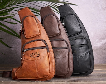 Bolso bandolera personalizado, bandolera de cuero, bolso de pecho de cuero para hombre, bolso de viaje para papá, bolso de hombro para él, regalo para padrinos de boda.
