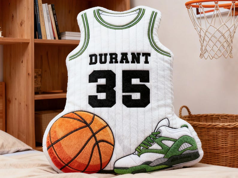 May include: A plush basketball-themed pillow set featuring a white jersey with "DURANT 35", a basketball, and a green and white sneaker. The jersey pillow is approximately 24 inches tall.