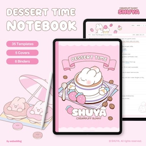 Może przedstawiać: Różowy cyfrowy notatnik z napisem "DESSERT TIME NOTEBOOK". Okładka przedstawia kreskówkowego królika w filiżance z deserem z truskawkami i ziarnami kawy. Zawiera 35 szablonów, 5 okładek i 6 segregatorów. Widoczna jest również nazwa marki "SHUYA".