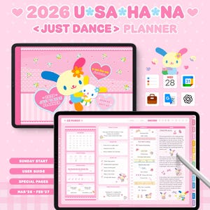 Planer cyfrowy USAHANA na rok 2026 | Uroczy różowy planer na iPada Sanrio | Goodnotes Notability | Marzec '26 - Luty '27 | Oficjalnie licencjonowany