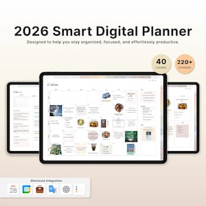 Może przedstawiać: Cyfrowy planer na rok 2026 wyświetlany na trzech tabletach. Planer zawiera 224 naklejki i 40 okładek. Tekst brzmi: „2026 Smart Digital Planner” i „Zaprojektowany, aby pomóc Ci zachować porządek, koncentrację i bez wysiłku produktywność”.
