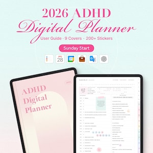 Puede incluir: Un planificador digital para 2026 con el texto "ADHD Digital Planner" en escritura rosa. La imagen muestra dos tabletas, una que muestra la portada y la otra un diseño de plan diario. Incluye una guía del usuario, 9 portadas y más de 200 pegatinas.