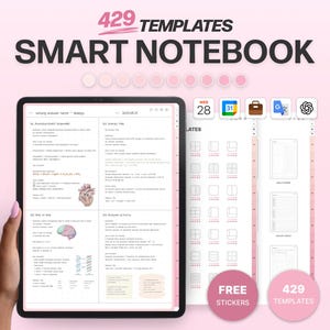 May include: A digital smart notebook with 429 templates, displayed on a tablet. The notebook features a pink and white colour scheme, with the text "SMART NOTEBOOK" at the top. The image also includes the text "FREE STICKERS" and "429 TEMPLATES".