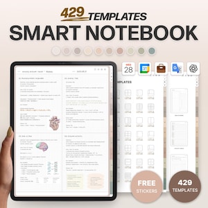 以下が含まれることがあります： 「429 TEMPLATES SMART NOTEBOOK」のテキストが入ったデジタルスマートノート。タブレットに表示され、さまざまなテンプレートとプランナーレイアウトを紹介しています。画像には「FREE STICKERS」と「429 TEMPLATES」の文字が含まれています。