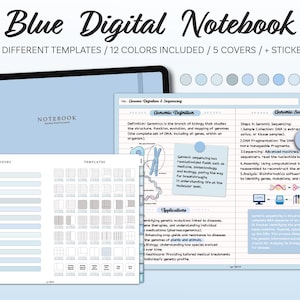 May include: A digital notebook with a light blue cover and pages. The notebook includes 49 templates, 12 colors, 5 covers, and stickers. The pages display text and diagrams related to genomics. The notebook is designed for digital use.
