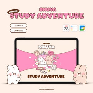Op de afbeelding: Een digitale planner met de tekst "SHUYA STUDY ADVENTURE" in roze. De planner heeft een roze en wit ontwerp met cartoonfiguren en de woorden "3 Covers" en "20 Notes". Twee cartoon konijn karakters staan aan weerszijden.