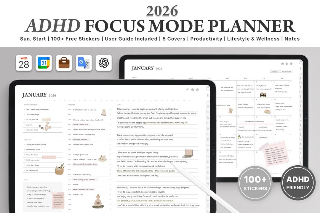 2026 ADHD Focus Mode Planner (sun, Landscape) Goodnotes Planner iPad ...