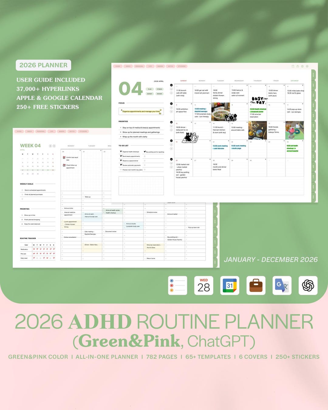 2026 Smart ADHD Routine Planner (green & Pink) Digital Planner ...