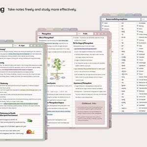 May include: Three digital notebooks with open pages, featuring handwritten notes and diagrams. The notebooks have colorful tabs and are labeled "Note-taking". The text on the notebooks includes "Importance of Biodiversity" and "Photosynthesis".