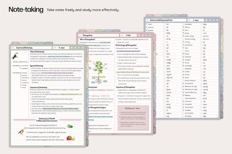 May include: Three digital notebooks with open pages, featuring handwritten notes and diagrams. The notebooks have colorful tabs and are labeled "Note-taking". The text on the notebooks includes "Importance of Biodiversity" and "Photosynthesis".