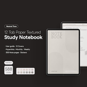 Op de afbeelding: Een digitaal studieboek op een tablet met de tekst "NOTE BOOK" en "MONOTONE". Het notitieboek heeft een textuurpapierontwerp en bevat 12 tabbladen, hyperlinks en 300 notitiepagina's. De afbeelding toont ook een sticker aantal van 588.