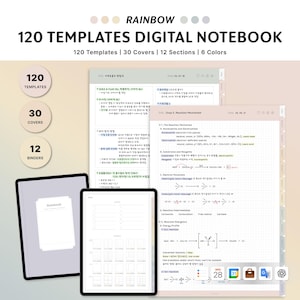 以下が含まれることがあります： 120個のテンプレート、30個のカバー、12個のセクションを備えたデジタルノートブック。「RAINBOW」とラベル付けされ、「120 TEMPLATES DIGITAL NOTEBOOK」というテキストが含まれています。画像は、デジタルノートブックが開いているタブレットを示しています。