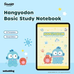 May include: A Hangyodon Basic Study Notebook with a light blue background. The notebook features the Hangyodon character and the text "Hangyodon Basic Study Notebook". The notebook has 30 templates and is a study edition.