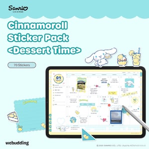 Może przedstawiać: Zestaw naklejek Cinnamoroll z tekstem "Dessert Time" i 70 naklejkami. Obrazek przedstawia cyfrowy kalendarz z naklejkami w tematyce Cinnamoroll, w tym ilustracje deserów i postaci. Jasnoniebieskie tło.