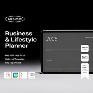 Może przedstawiać: Cyfrowy planer biznesowy i lifestylowy na lata 2025-2026, wyświetlany na tablecie. Planer zawiera sekcje do planowania, z opcjami projektów tygodniowych i dziennych. Obrazek przedstawia również naklejki i daty kalendarzowe.