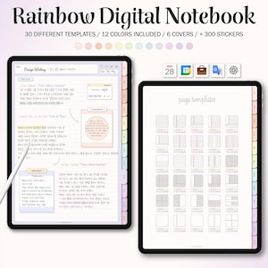 May include: Two digital tablets displaying a "Rainbow Digital Notebook". One tablet shows handwritten notes and a stylus. The other shows page templates. The notebook includes 30 templates, 12 colors, 6 covers, and over 300 stickers.