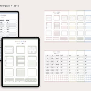 May include: Digital planner stickers in six colors displayed on tablets. The stickers include labels, calendars, and note-taking templates. The text "Stickers" and "Sticker pages in 6 colors" are visible at the top of the image.