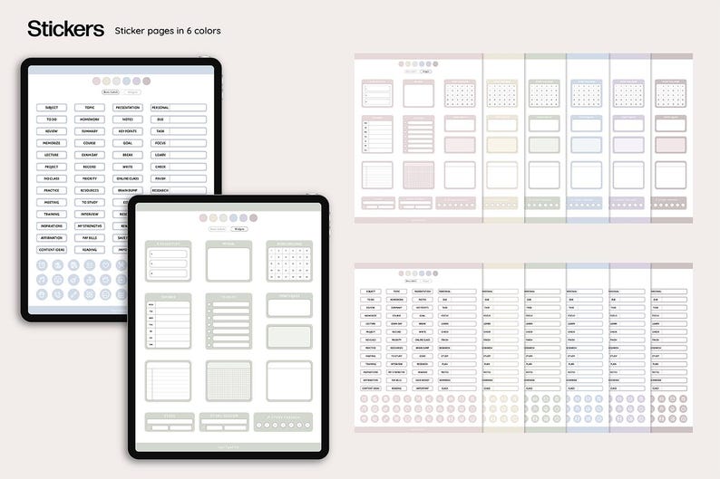 May include: Digital planner stickers in six colors displayed on tablets. The stickers include labels, calendars, and note-taking templates. The text "Stickers" and "Sticker pages in 6 colors" are visible at the top of the image.