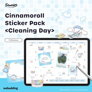 May include: Cinnamoroll sticker pack with a "Cleaning Day" theme. The image shows a tablet displaying a calendar with various Cinnamoroll stickers, a notepad, and additional stickers. The pack includes 70 stickers.