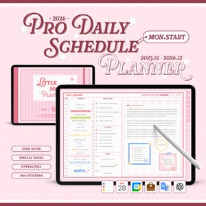Może przedstawiać: Różowy cyfrowy planer z tekstem "Pro Daily Schedule Planner" i "Little Playy". Planer zawiera sekcje na codzienne harmonogramy, listy rzeczy do zrobienia i notatki. Zawiera przewodniki użytkownika, strony specjalne, hiperłącza i ponad 180 naklejek.