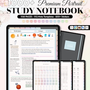 May include: A digital notebook set titled 1000+ Premium Portrait STUDY NOTEBOOK with 1150 pages, 1112 note templates, and 500+ stickers. The display shows a solar system study page, a grid template page, and a weekly schedule page on tablets.