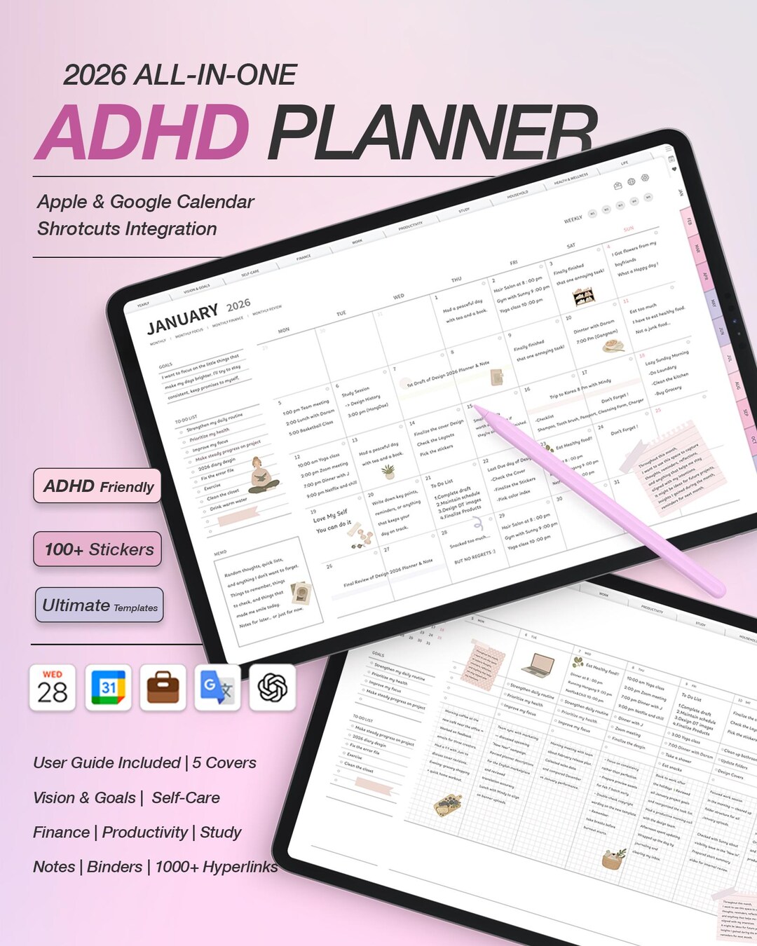 2026 ADHD Structured All-in-one Planner (pink) Goodnotes Notability ...