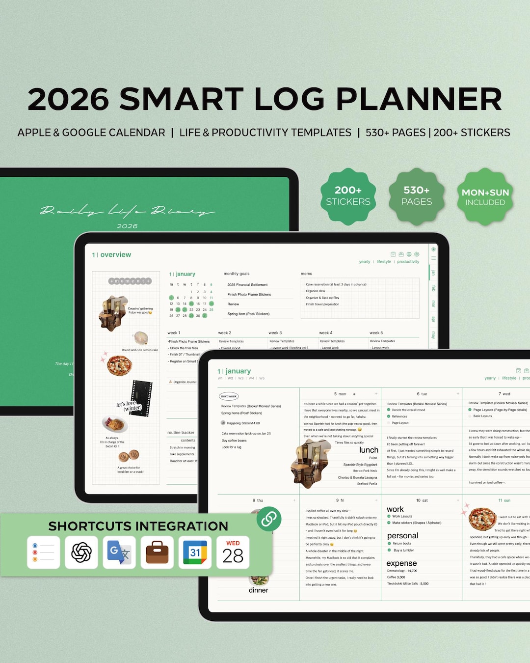 2026 Smart Log Planner (green, Sunday/monday Start) Goodnotes ...