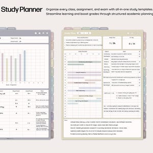 May include: Academic Study Planner with study templates. The planner includes a grade tracker with a bar graph and a study plan with a timeline. The planner also includes a list of study tools. The text on the image says: "Organize every class, assignment, and exam with all-in-one study templates."