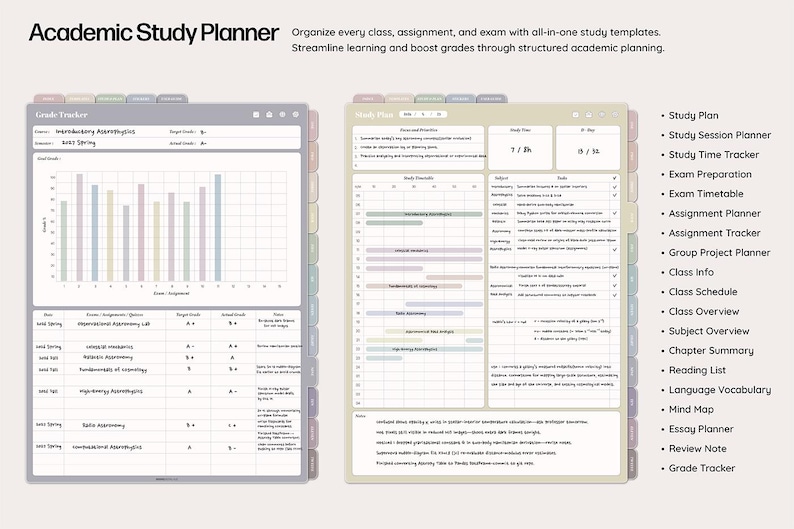 May include: Academic Study Planner with study templates. The planner includes a grade tracker with a bar graph and a study plan with a timeline. The planner also includes a list of study tools. The text on the image says: "Organize every class, assignment, and exam with all-in-one study templates."