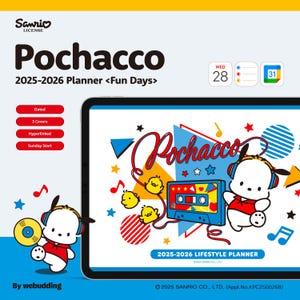 May include: A Pochacco 2025-2026 planner with a white background and blue accents. The planner features the text "Pochacco" in large letters, along with illustrations of Pochacco and other cartoon characters. The planner is dated and includes 3 covers.