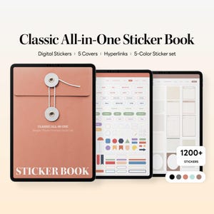 May include: Three tablets displaying a digital sticker book. The cover is a peach-coloured envelope with a string closure. The screens show digital stickers, covers, and a 5-colour sticker set. Text on the cover reads "Classic All-in-One Sticker Book."