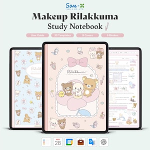 May include: A set of three digital notebooks featuring the text "Makeup Rilakkuma Study Notebook." The notebooks have pink, blue, and white covers with Rilakkuma characters. The notebooks include a user guide, 30 templates, 8 covers, and 6 binders.