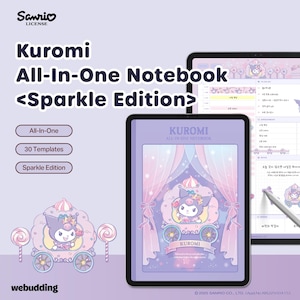 Puede incluir: Una tableta digital que muestra un cuaderno Kuromi All-In-One, edición Sparkle. La portada presenta a Kuromi en un carruaje. El texto incluye "All-In-One", "30 plantillas" y "Sparkle Edition". El fondo es morado claro.