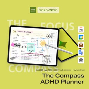 Könnte beinhalten: Ein digitaler Planer auf einem Tablet mit Stift, mit einem handschriftlichen Layout mit dem Text "Meditation & Selbstpflege" und "Meeting/Klasse & Notizenüberprüfung". Der Planer trägt den Titel "The Compass ADHD Planner" und deckt den Zeitraum 2025-2026 ab.