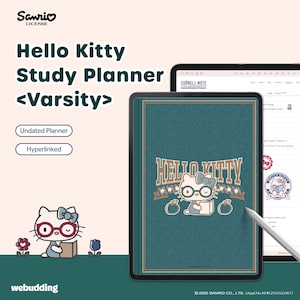 May include: Hello Kitty Study Planner in a varsity style. The teal cover features the Hello Kitty logo with glasses and apples. The image also shows a tablet with a Cornell Note page and a stylus.