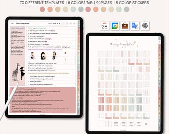 12 pegatinas coloridas para cuaderno de estudio con pestañas (arcoíris neutro) Plantilla para iPad de Goodnotes Notebook Planificador semanal de estudio simple y minimalista