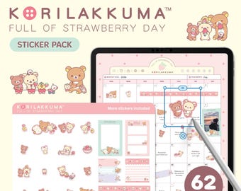 Paquete de stickers digitales de Korilakkuma Strawberry Day / Stickers adorables para agendas en iPad y Android para Goodnotes y Notability / Licencia oficial