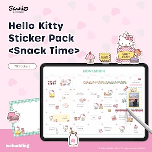 Puede incluir: Paquete de pegatinas de Hello Kitty con el texto "Snack Time" y 70 pegatinas. La imagen muestra un calendario digital con pegatinas temáticas de Hello Kitty, un bloc de notas y elementos decorativos sobre un fondo rosa.