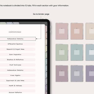 May include: Digital notebook with a contents page and 12 color-coded tabs. The contents page lists topics like Mathematical Statistics and Differential Equations. The tabs are in pastel colors, and the notebook is designed for digital use.
