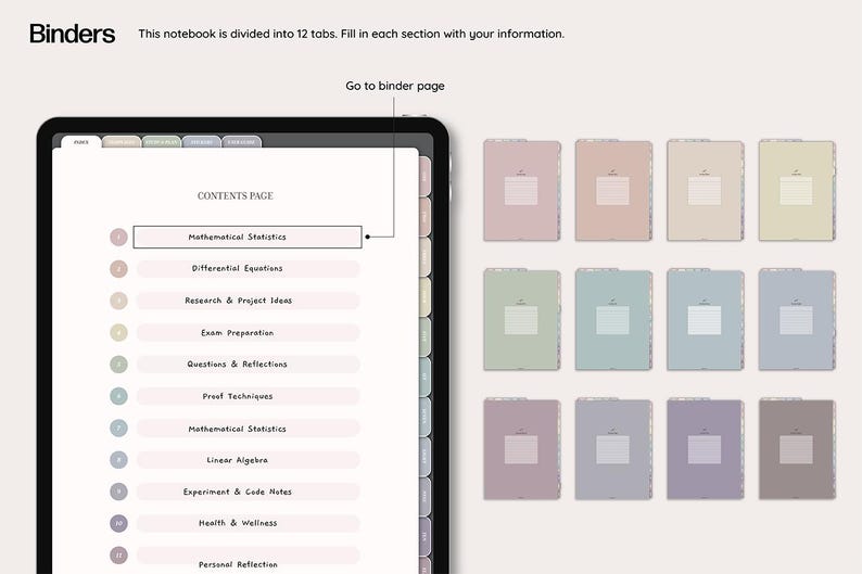 May include: Digital notebook with a contents page and 12 color-coded tabs. The contents page lists topics like Mathematical Statistics and Differential Equations. The tabs are in pastel colors, and the notebook is designed for digital use.