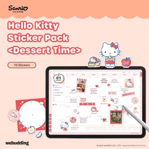 May include: Hello Kitty sticker pack with the text "Dessert Time". The image shows a tablet displaying a calendar with Hello Kitty-themed stickers. The pack includes 70 stickers, and the image also features a red card with a clock design.