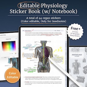 Puede incluir: Un libro de pegatinas de fisiología digital con cuaderno, con 44 pegatinas de órganos editables. La imagen muestra una tableta con una ilustración anatómica detallada y opciones de edición de color, además de una portada y plantillas de estudio.