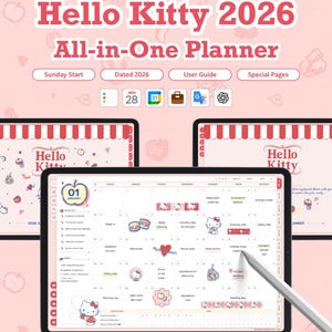 Może przedstawiać: Różowy planer Hello Kitty 2026 All-in-One na tablecie. Planer ma układ kalendarza z ilustracjami Hello Kitty i innymi grafikami tematycznymi. Widoczny jest tekst "Hello Kitty 2026".